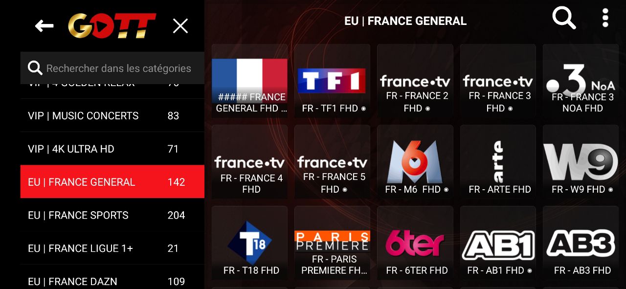 Navigation Golden OTT - Menu chaînes TV application IPTV premium