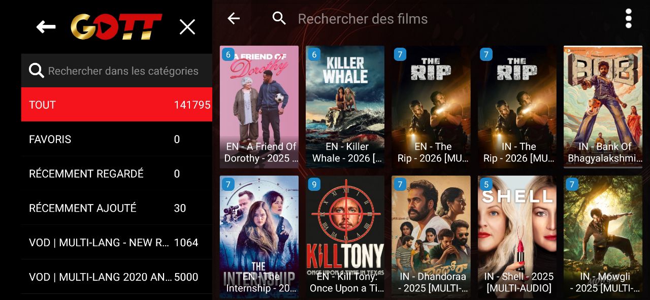 Bibliothèque VOD Golden OTT - Films et séries application IPTV