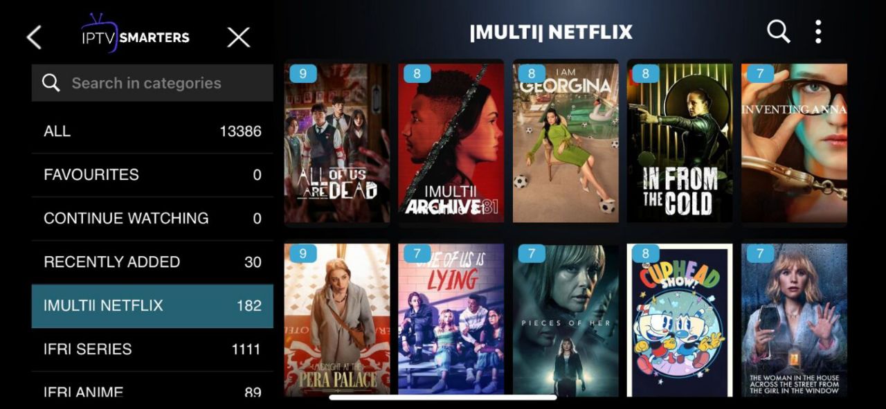 Menu chaînes Iron TV Pro - Navigation application IPTV avancée
