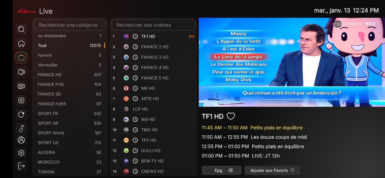 Interface AtlasPro IPTV - Application streaming chaînes internationales HD
